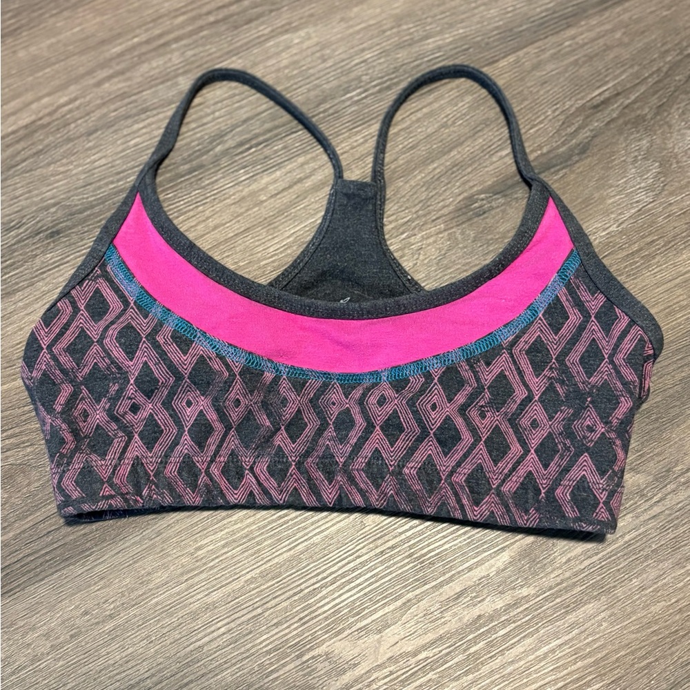 Green Apple Pink and Dark Grey Geometric Sports Bra